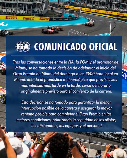 El comunicado de FIA anunciando el cambio de horario del GP de Miami