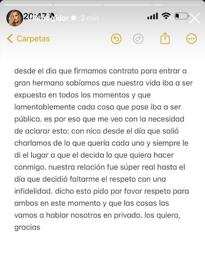 El comunicado de Florencia sobre la infidelidad de Nicolás (Captura: Instagram @flor.regidor)