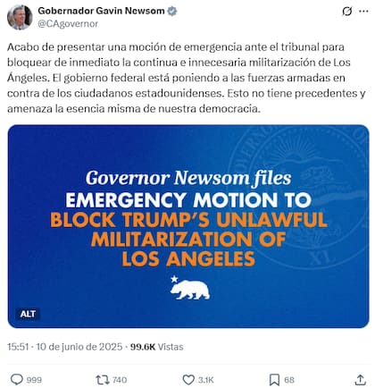 El comunicado de Gavin Newsom sobre la nueva denuncia a Donald Trump