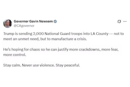 El comunicado de Gavin Newsom tras el despliegue de 2000 de la Guardia Nacional a Los Ángeles