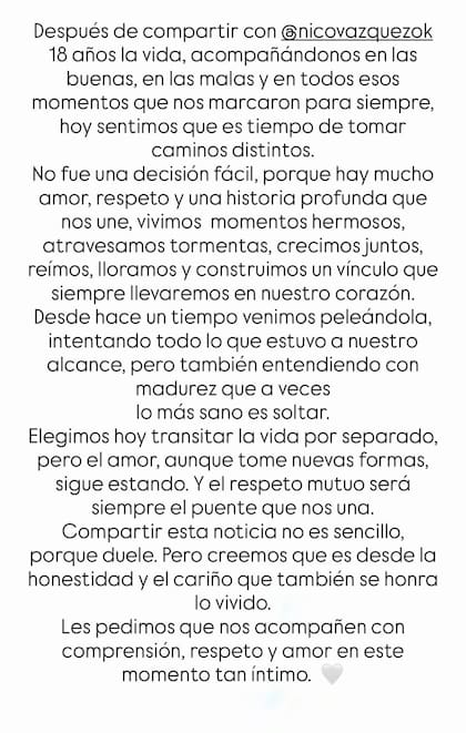 El comunicado de Gimena Accardi anunciando su separación de Nicolás Vázquez