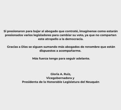 El comunicado de Gloria Ruiz sobre la renuncia de sus abogados