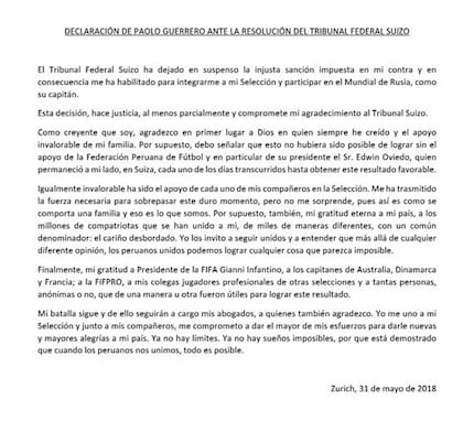 El comunicado de Guerrero, tras el fallo