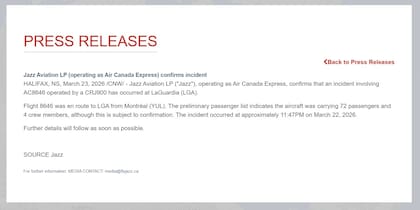 El comunicado de Jazz Aviation LP, que opera como Air Canada Express, sobre el incidente