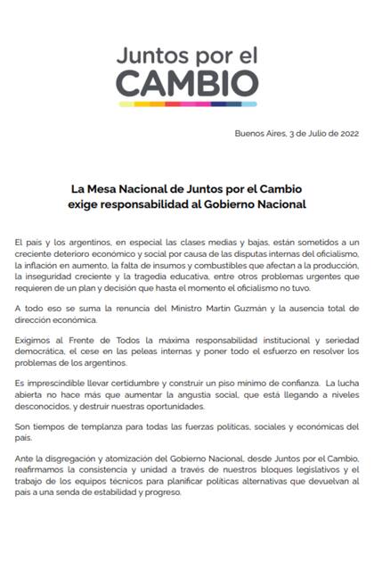 El comunicado de Juntos por el Cambio