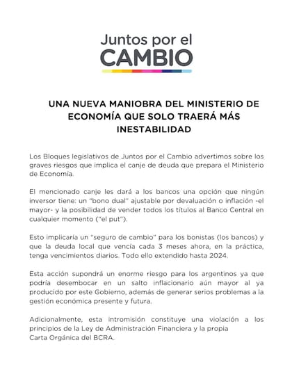 El comunicado de Juntos por el Cambio sobre la deuda en pesos