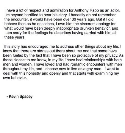 El comunicado de Spacey luego de que se publicara la entrevista en la que Rapp cuenta su verdad