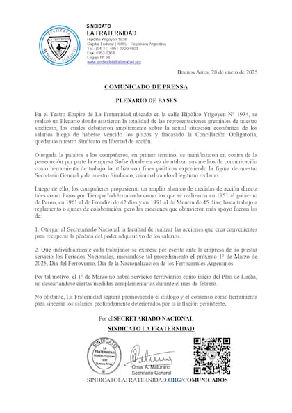 El comunicado de La Fraternidad