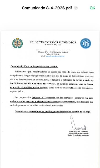 El comunicado de la UTA