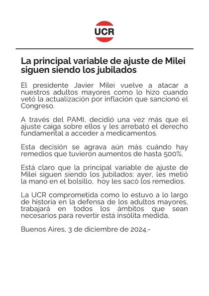 El comunicado de la UCR.