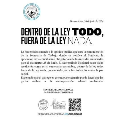El comunicado de La Fraternidad