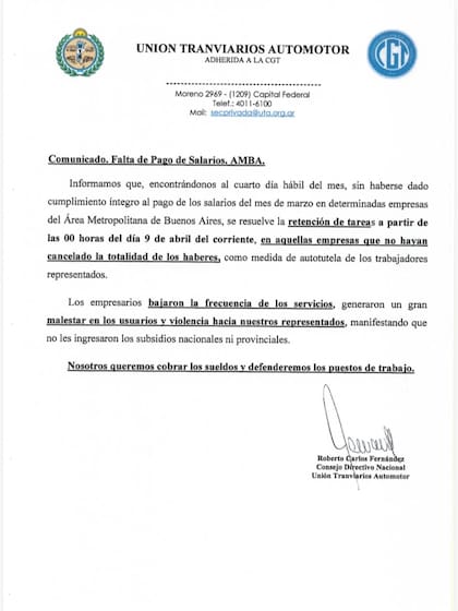 El comunicado de la UTA