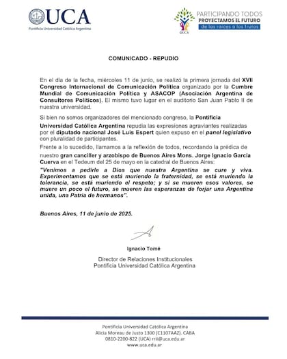 El comunicado de la UCA