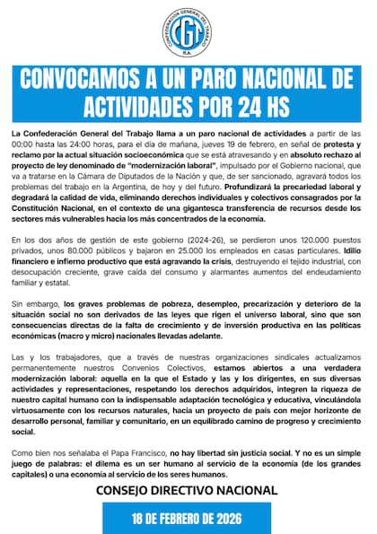 El comunicado de la CGT