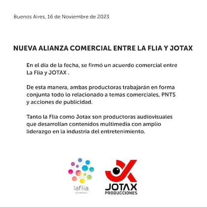 El comunicado de la alianza comercial entre las productoras La Flia y Jotax