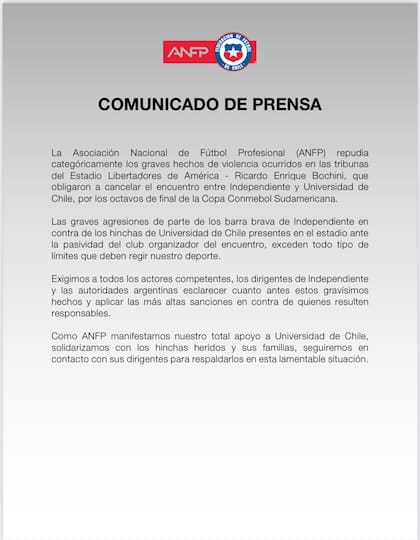 El comunicado de la ANFP, la Asociación chilena, tras los incidentes en Independiente vs. U de Chile