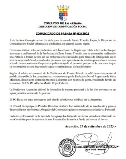 El comunicado de la Armada de Paraguay