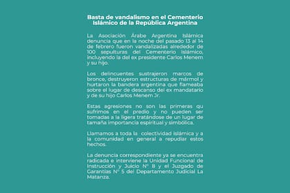 El comunicado de la Asociación Árabe Argentina Islámica