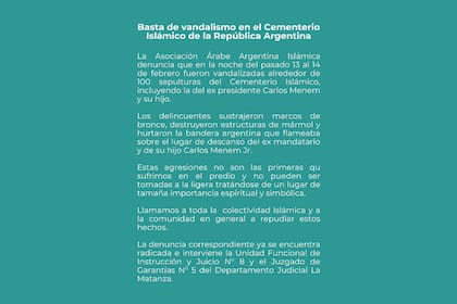 El comunicado de la Asociación Árabe Argentina Islámica