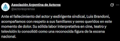 El comunicado de la Asociación Argentina de Actores por la muerte de Luis Brandoni