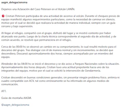 El comunicado de la Asociación Argentina de Guías de Montaña sobre la situación de Christian Petersen en el volcán Lanín (Fuente: @aagm_delegacionsma)