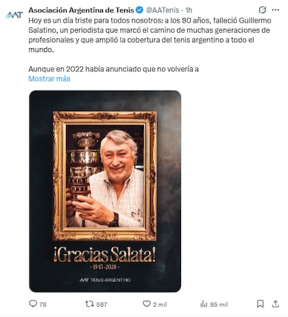 El comunicado de la Asociación Argentina de Tenis sobre la muerte de Guillermo Salatino