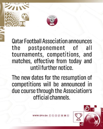 El comunicado de la Asociación de Fútbol de Qatar sobre la cancelación de todos los eventos deportivos hasta nuevo aviso