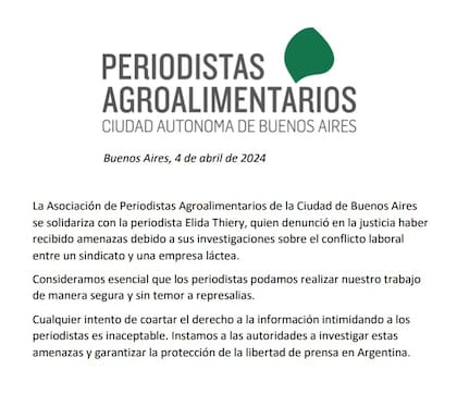 El comunicado de la Asociación de Periodistas Agroalimentarios de la ciudad de Buenos Aires