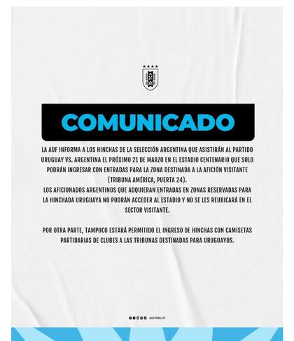 El comunicado de la Asociación Uruguaya sobre la venta de entradas para Uruguay vs. Argentina