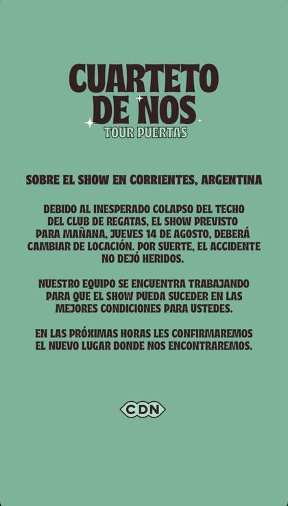 El comunicado de la banda uruguaya El Cuarteto de Nos