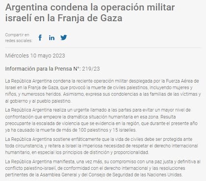 El comunicado de la Cancillería: "La Argentina condena la operación militar israelí en la Franja de Gaza"