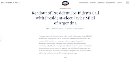 El comunicado de la Casa Blanca sobre la conversación entre Biden y Milei