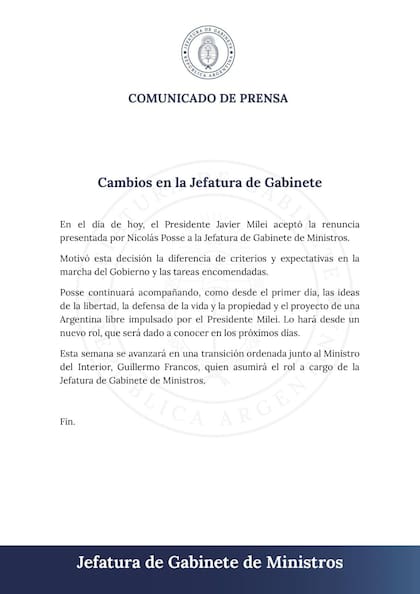 El comunicado de la Casa Rosada con la renuncia de Nicolás Posse
