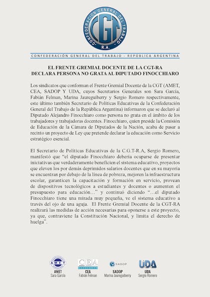 El comunicado de la CGT contra Alejandro Finocchiaro