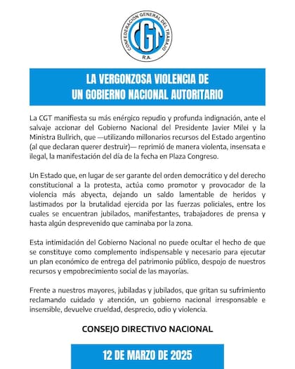 El comunicado de la CGT por la represión