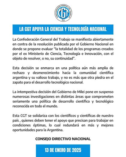 El comunicado de la CGT por una resolución del Gobierno