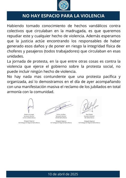 El comunicado de la CGT tras el ataque a colectivos.