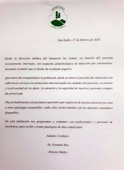 El comunicado de la clínica de San Isidro