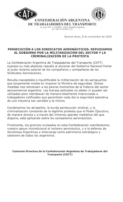 El comunicado de la Confederación Argentina de Trabajadores del Transporte (CATT)