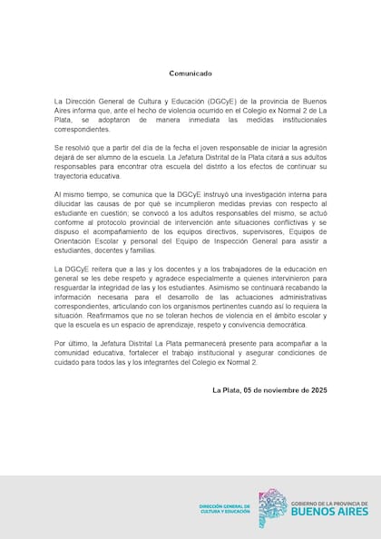 El comunicado de la Dirección General de Cultura y Educación