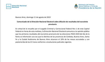 El comunicado de la Dirección Nacional Electoral (DINA)