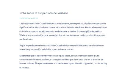 El comunicado de la directiva del Cruzeiro