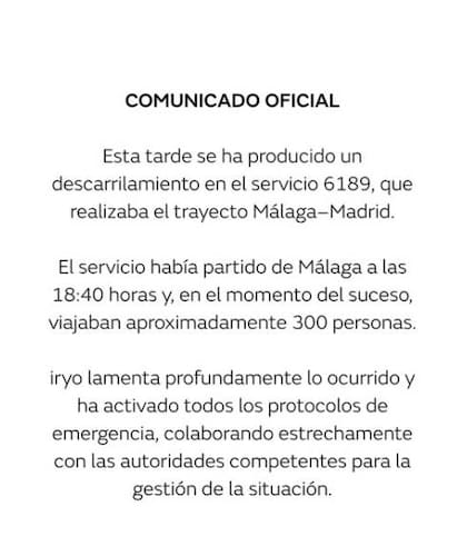 El comunicado de la empresa Iryo, de los servicios de alta velocidad ferroviaria en España de la operadora ILSA.