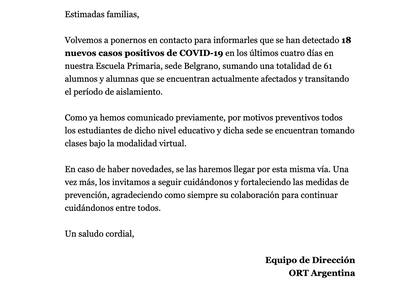 El comunicado de la escuela ORT