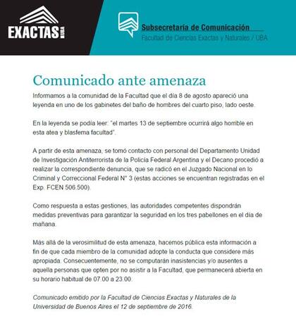 El comunicado de la Facultad de Ciencias Exactas de la UBA