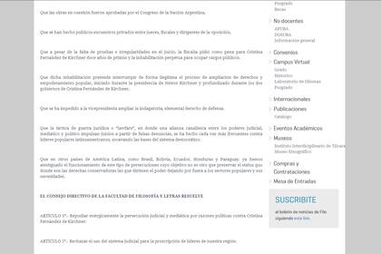 El comunicado de la Facultad de Filosofía y Letras de la UBA en defensa de la vicepresidenta Cristina Kirchner