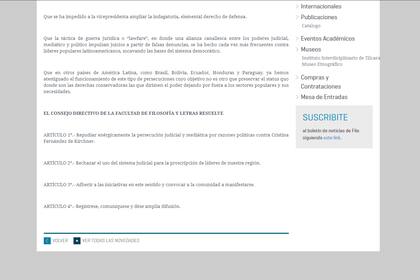 El comunicado de la Facultad de Filosofía y Letras de la UBA en defensa de la vicepresidenta Cristina Kirchner