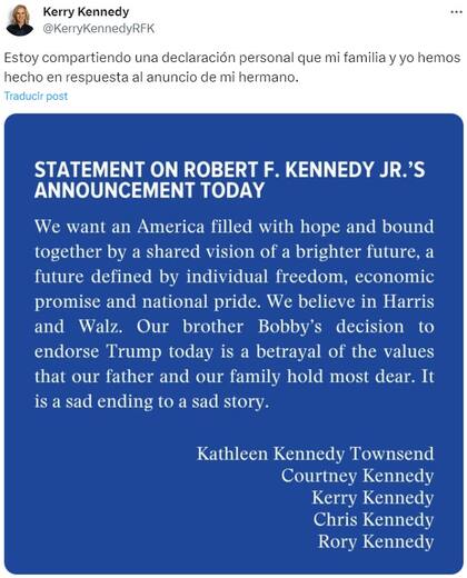 El comunicado de la familia Kennedy