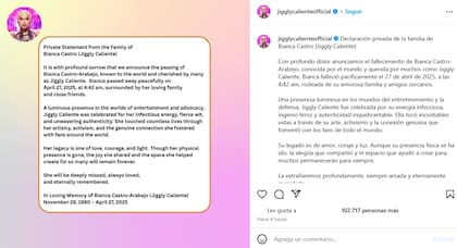 El comunicado de la familia de Jiggly donde confirmaron su muerte este 27 de abril