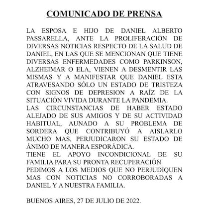 El comunicado de la familia Passarella sobre el estado de salud del expresidente de River